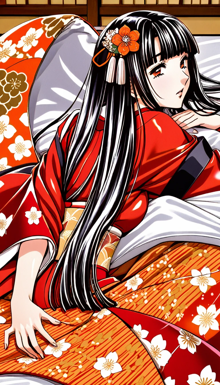 Close-up of a woman with black straight hime cut hair wearing a red and orange dress, Red kimono with flower patterns, From the Sengoku period, Long and beautiful kimono, Flowing hair and long, super shiny robes, Red kimono, Japanese Kimono, Wearing Imperial Kimono, Wearing kimono and armor, In kimono, Safety, kimono, Hakama kimono, Inspired by Fujiwara Takanobu, pale and colouRed kimono　She is laid down on the futon, her nipples exposed, writhing and crying.