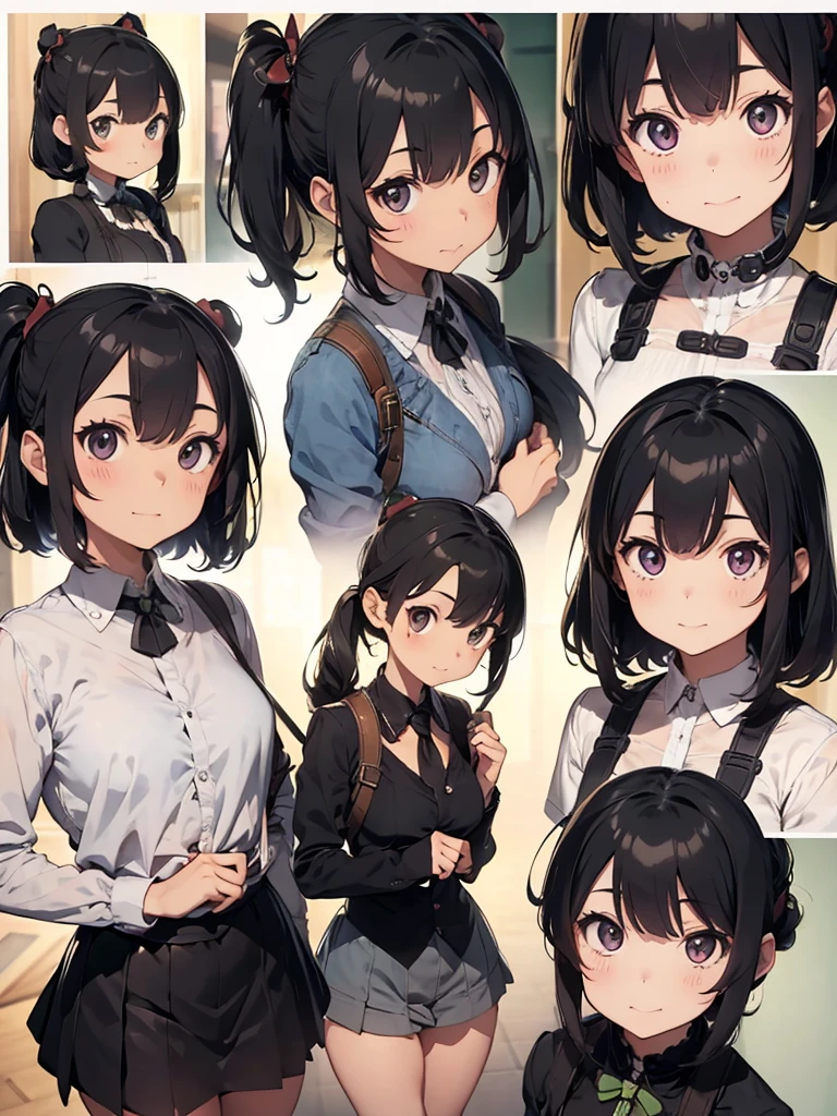 Frog-like face、Distant eyes、Big Mouth、Low Nose、steampunk、Three-dimensional view、Front, side and back view、Character Sheet、Standing woman
