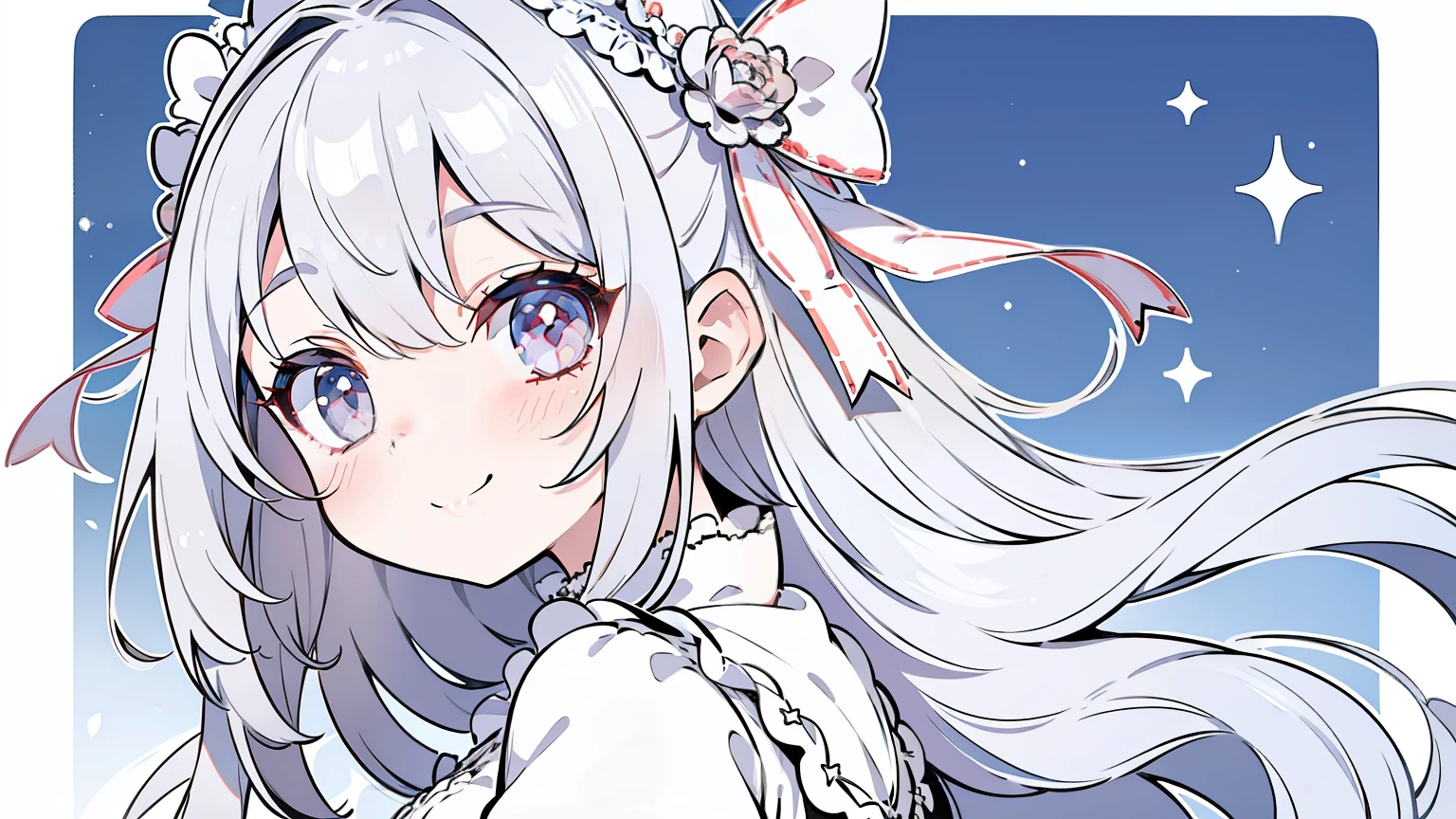 masterpiece, beautiful detailed, 1girl, (lolita fashion), Silver Eyes, Silver hair, Hair Ribbon, medium breasts, hair ornament, hair intakes, ((smile)), ((look back)), pastel color, (((bold outline))), limited palette