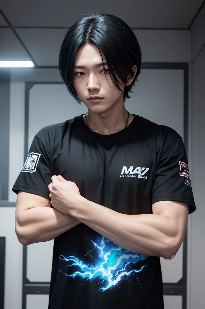 make me a team t-shirt , all black with neo blue fire details, com o personagem do anime Solo leveling, Sung Jinwoo