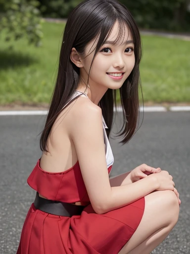 Japanese female, a lot of details, (underweight), 30 years old, detailed black hair, beautiful detailed hair, super fucking beautiful, delicate beautiful face, complex details beautiful and delicate eyes, perfect hands, (flat chest best quality:1.5), perfect and delicate limbs, detailed skin, best quality, ultra-detailed,(cheerful grin:1.5),
landscape photo, (motorcycle:1.1), squatting, (red jacket), (red skirt), (full body shot:1.2), from front, low angle shot, sunbeam