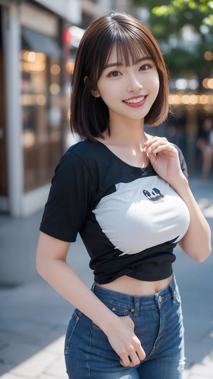 (Skin wounds:0.8), (Skin Dentition), black eye, 1woman, Age 25, (((woman))), alone, (((Big Tits 1.3)),Realistic, Highest quality, photoRealistic, masterpiece, 8k, High resolution, alone, Highly detailed face, (Professional Lighting, Bokeh), (Particles of light, Lens flare, Glowing particles:0.6), (Dynamic pose:1.2), Soft lighting, View from above, Fashionable and trendy atmosphere, Japan, Hokkaido, street, city, garden, shop, river, ((Daytime)), null, ((Looking at the audience:1)), (Looking into the camera),(Portraiture:0.6), Cowboy Shot, nice, walk, Put your hands down, Maintain the original face proportions, Broad shoulders, whole body, (Mid-chest), (Short Bob), Brown Hair, Floating Hair, lips, lipstick, seductive smile, Floating Hair, smile, Open_mouth, teeth, T-Shirts, ラウンドネックT-Shirts, Shorts, jeans, eyelash, Mole, (Mole under eye:1),