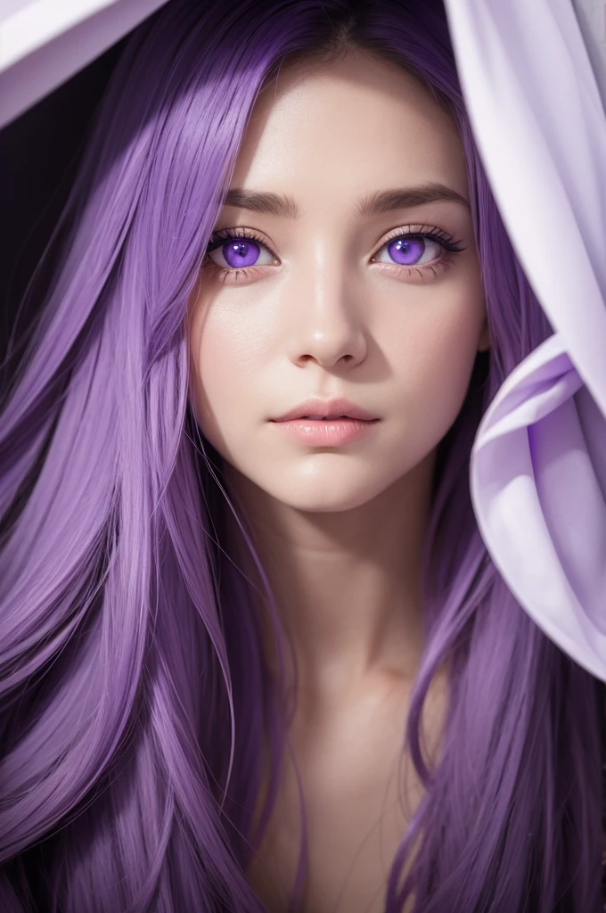a woman with purple eyes,a purple den with 3 stars, white