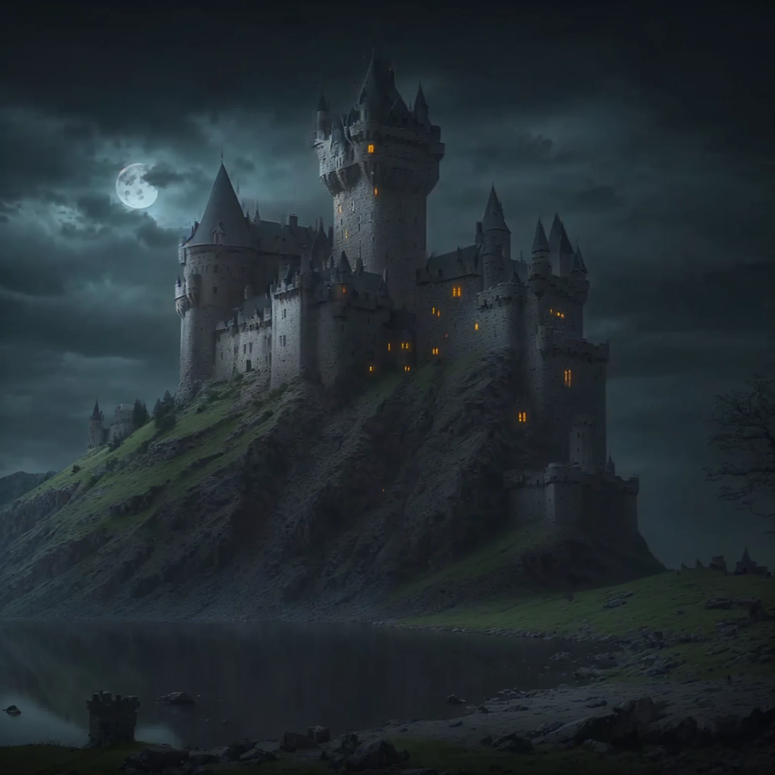 arafed castle on a hill with a lake and a full moon, dark castle setting, scarry castle)). mystical, scarry castle). mystical, dark fantasy setting, gothic castle, dark castle background, dark pastel castle background, medieval dark fantasy, epic castle with tall spires, dark fantasy mixed with realism, fantasy castle, castle on the mountain, magical castle