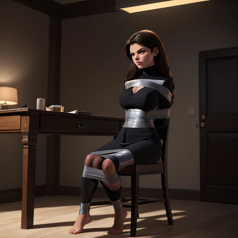 (a breathtaking brunette girl with a busty, hourglass figure, tied up and restrained, wearing a tight, formal suit with a turtleneck top and long, fitted pencil skirt, standing barefoot and tiptoed, with her hands bound behind her back and ankles tied together, sitting in a chair with a seductive, classy expression, looking directly at the camera),(best quality,4k,8k,highres,masterpiece:1.2),ultra-detailed,(realistic,photorealistic,photo-realistic:1.37),chiaroscuro lighting,dramatic shadows,muted tones,transgressive,high fashion,dramatic pose,studio lighting