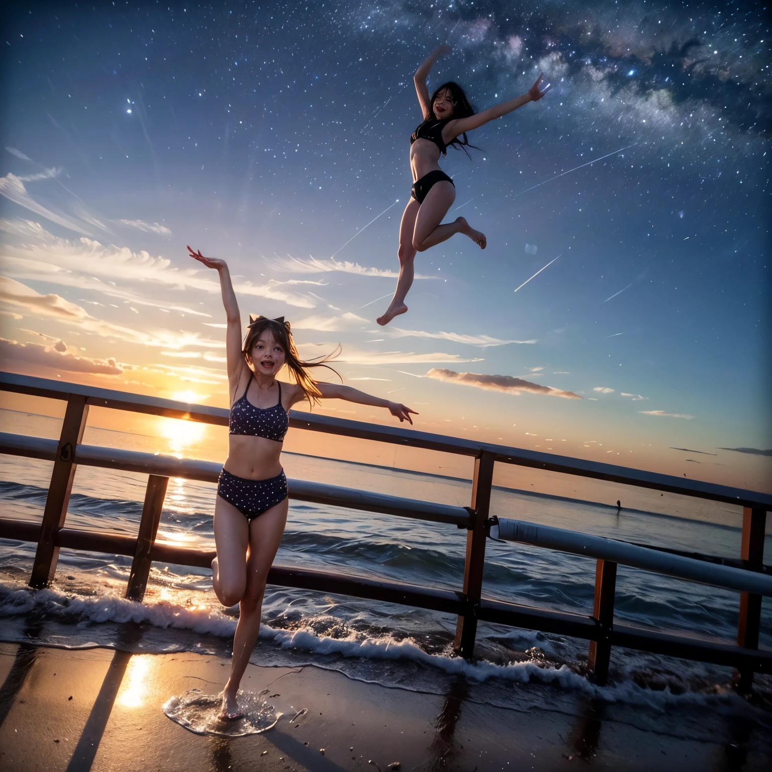 Masterpiece of ProfessionalPhoto ((ExtremelyDetailed (12 PICHIPICHI KAWAII Girls Floating in The Air in a row:1.37) in WHITE at Dusk Enoshima Beach)), {(Standing Full Body:1.2)|(from below:1.2)|Detailed KAWAII face}, Different types of hair colors, {(skinny(school swimwear))|(SchoolUniform)with Tiny AthleticShorts}, {(Corrected Childish hand)|Hidden hand|Different types of breasts|(Clearly Visible the shape of Butt)}, Joyful Expressions LifeLike Rendering, PerfectLighting, (Dazzling Horizon Visible through ThighGap), (Starry IridescentParticles:1.22) ColorfulClouds