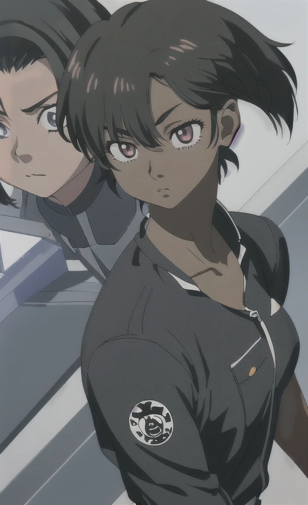 90s anime black skinned woman with short hair wearing a swat uniform 