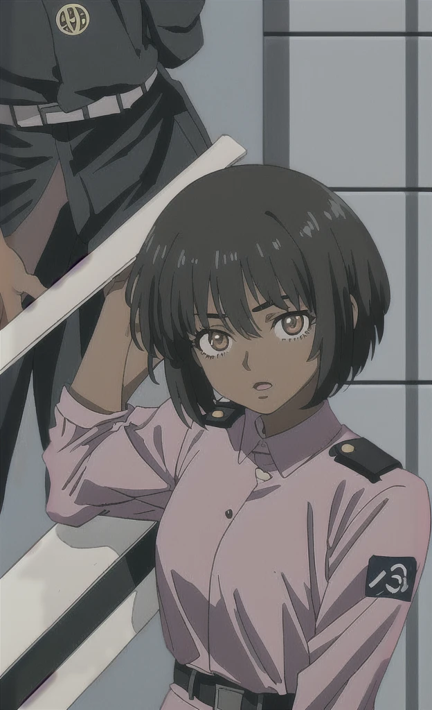 90s anime black skinned woman with short hair wearing a swat uniform 