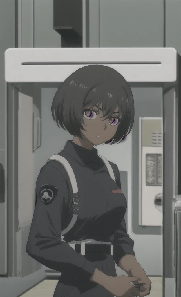 90s anime black skinned woman with short hair wearing a swat uniform 