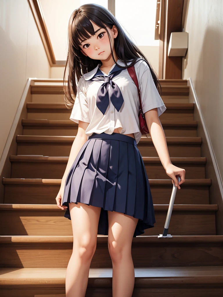 A high school girl whose skirt came off、Embarrassed face、slouch、Cleaning the stairs_after school、Angle from below、evening、