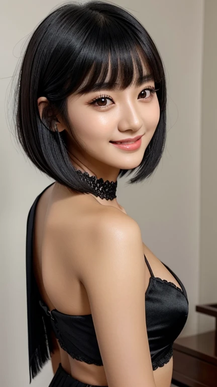 uma de uma mulher ela tem cabelo preto with bangs, Hime black haircut, ulzzang, korean, with short hair with bangs, with short hair, dilraba dilmurat, garota gótica korean cruel, white hime cut hairstyle, hair styled like bangs, with bangs, korean symmetrical ,,,,,,,,,,,, She smiles with a dimpled smile and a touch of white teeth.. The image is captured in high quality, with sharp focus and volumetric lighting that accentuates your features. The detailed, realistic skin texture resembles a masterpiece, as if it were taken with a DSLR in soft lighting. She wears light lipstick. The atmosphere is sensual and captivating, as if telling the story of a confident and attractive woman.