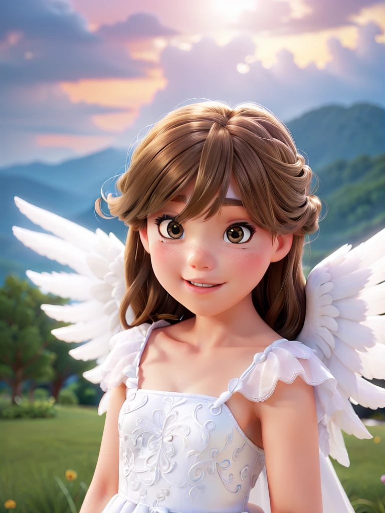 A is wearing a white dress,There is the image of angel wings, of an beautiful angel girl, young wan angel, beautiful angel girl portrait, beautiful angel, Portrait of a beautiful angel, beautiful angel, angel girl, Girl with angel wings, Angelic face, beautiful angelical wings, wearing angel halo, beautiful female angel, wearing angel, winged girl angel