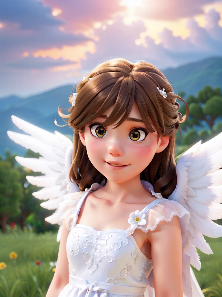 A  is wearing a white dress，There is the image of angel wings, of an beautiful angel girl, young wan angel, beautiful angel girl portrait, beautiful angel, Portrait of a beautiful angel, beautiful angel, angel girl, Girl with angel wings, Angelic face, beautiful angelical wings, wearing angel halo, beautiful female angel, wearing angel, winged girl angel