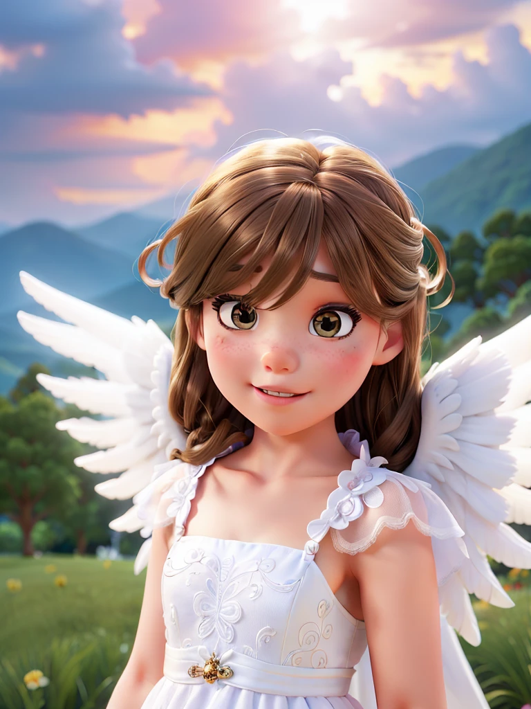 A is wearing a white dress,There is the image of angel wings, of an beautiful angel girl, young wan angel, beautiful angel girl portrait, beautiful angel, Portrait of a beautiful angel, beautiful angel, angel girl, Girl with angel wings, Angelic face, beautiful angelical wings, wearing angel halo, beautiful female angel, wearing angel, winged girl angel