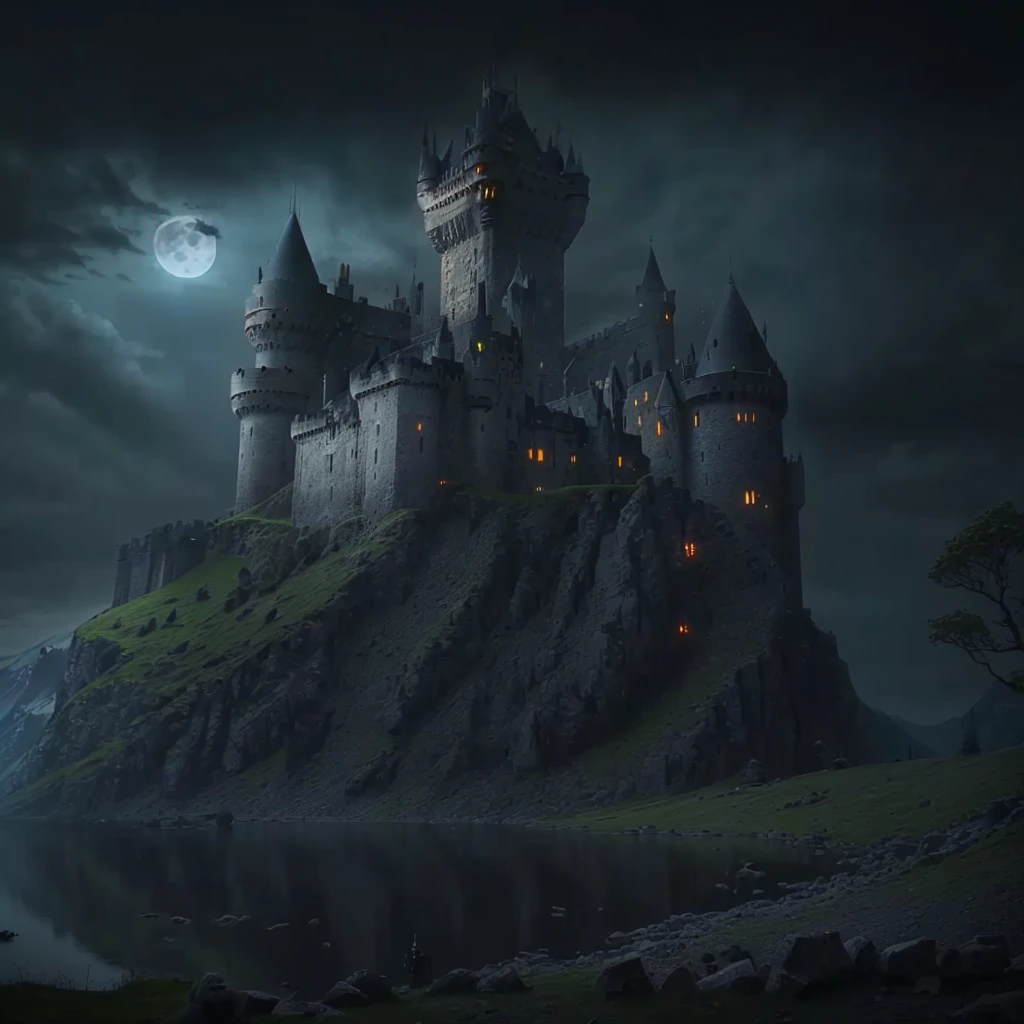 arafed castle on a hill with a lake and a full moon, dark castle setting, scarry castle)). mystical, scarry castle). mystical, dark fantasy setting, gothic castle, dark castle background, dark pastel castle background, medieval dark fantasy, epic castle with tall spires, dark fantasy mixed with realism, fantasy castle, castle on the mountain, magical castle