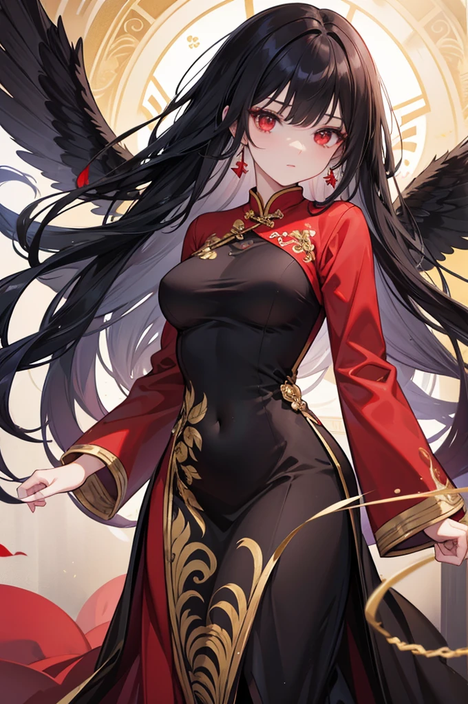 Long black hair, red inner hair, wing-shaped hair, gold-trimmed cheongsam, height 180cm, medium breasts