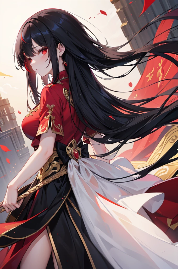 Long black hair, red inner hair, wing-shaped hair, gold-trimmed cheongsam, height 180cm, medium breasts