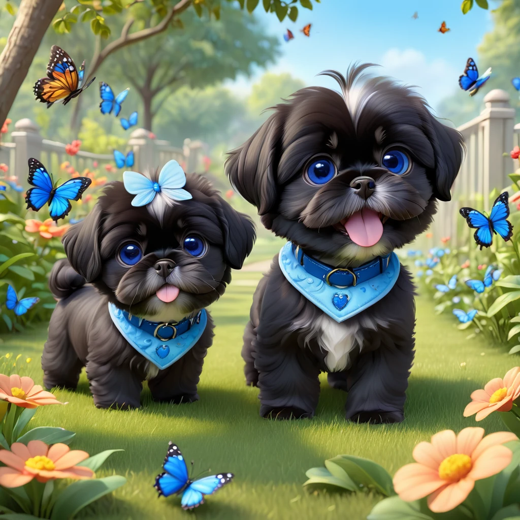 2 adorable small shih black shih tzu puppies wearing blue collars with bright blue eyes playing in park butterflies and flowes in background  3D Pixar style