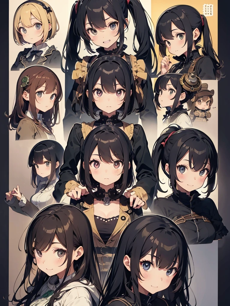Frog-like face、Distant eyes、Big Mouth、Low Nose、steampunk、Three-dimensional view、Front, side and back view、Standing woman