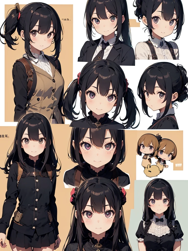 Frog-like face、Distant eyes、Big Mouth、Low Nose、steampunk、Three-dimensional view、Front, side and back view、Standing woman