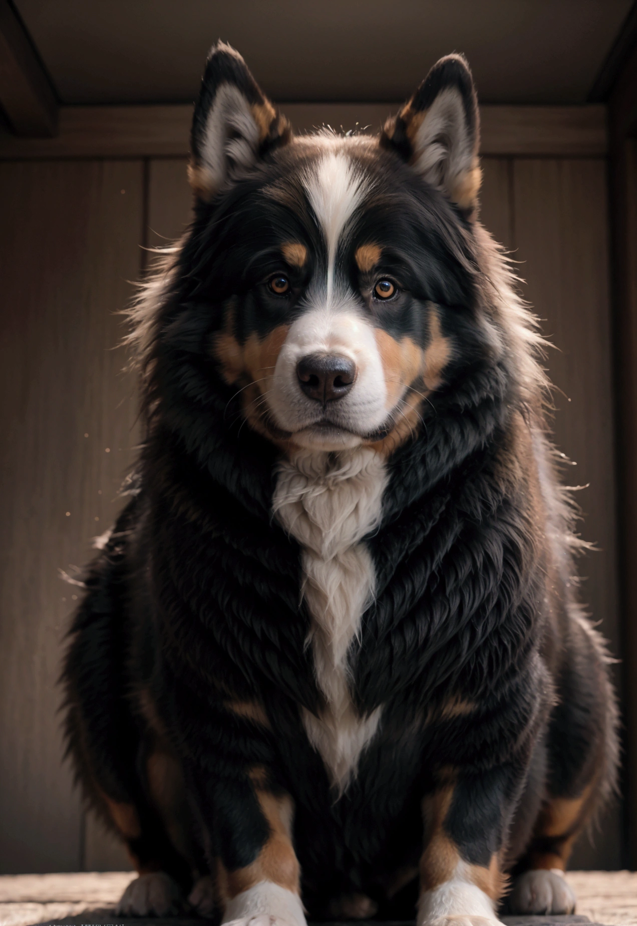 Detailed, A highly realistic depiction of the Honshu wolf, Mythical creatures from Japanese folklore, In calligraphy, Bernese Mountain Dog, 優雅なBernese Mountain Dog, Very fine fur, Intensely glowing eyes, Intricate details, 8k, Realistic, masterpiece, Dramatic lighting, Gloomy atmosphere, Vibrant colors, Structure of the film
