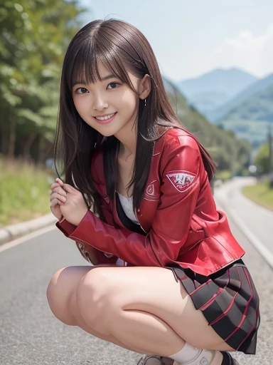 Japanese female, a lot of details, (underweight), 30 years old, detailed black hair, beautiful detailed hair, super fucking beautiful, delicate beautiful face, complex details beautiful and delicate eyes, perfect hands, (flat chest best quality:1.5), perfect and delicate limbs, detailed skin, best quality, ultra-detailed,(cheerful grin:1.5),
landscape photo, (YAMAHA motorcycle:1.3), squatting, (red jacket), (red skirt), (full body shot:1.2), from front, low angle shot, sunbeam