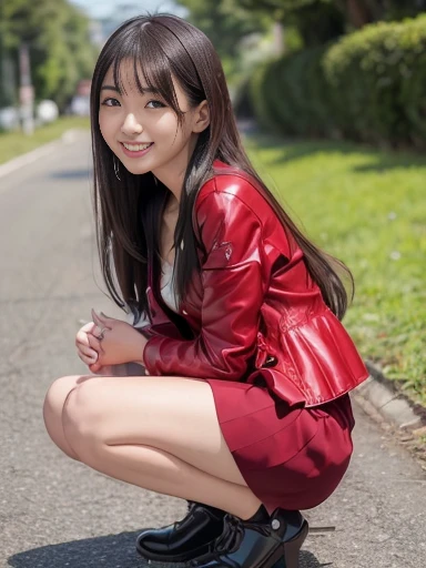 Japanese female, a lot of details, (underweight), 30 years old, detailed black hair, beautiful detailed hair, super fucking beautiful, delicate beautiful face, complex details beautiful and delicate eyes, perfect hands, (flat chest best quality:1.5), perfect and delicate limbs, detailed skin, best quality, ultra-detailed,(cheerful grin:1.5),
landscape photo, (YAMAHA motorcycle:1.3), squatting, (red jacket), (red skirt), (full body shot:1.2), from front, low angle shot, sunbeam