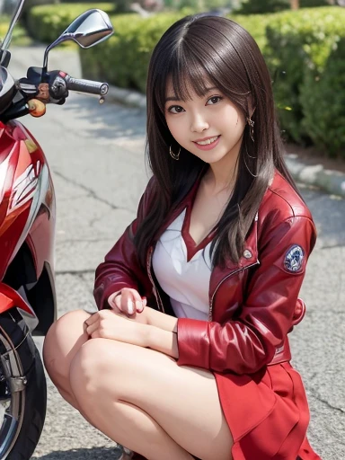 Japanese female, a lot of details, (underweight), 30 years old, detailed black hair, beautiful detailed hair, super fucking beautiful, delicate beautiful face, complex details beautiful and delicate eyes, perfect hands, (flat chest best quality:1.5), perfect and delicate limbs, detailed skin, best quality, ultra-detailed,(cheerful grin:1.5),
landscape photo, (YAMAHA motorcycle:1.3), squatting, (red jacket), (red skirt), (full body shot:1.2), from front, low angle shot, sunbeam