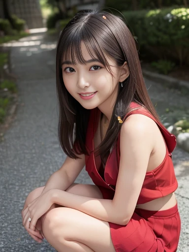 Japanese female, a lot of details, (underweight), 30 years old, detailed black hair, beautiful detailed hair, super fucking beautiful, delicate beautiful face, complex details beautiful and delicate eyes, perfect hands, (flat chest best quality:1.5), perfect and delicate limbs, detailed skin, best quality, ultra-detailed,(cheerful grin:1.5),
landscape photo, (YAMAHA motorcycle:1.3), squatting, (red jacket), (red skirt), (full body shot:1.2), from front, low angle shot, sunbeam