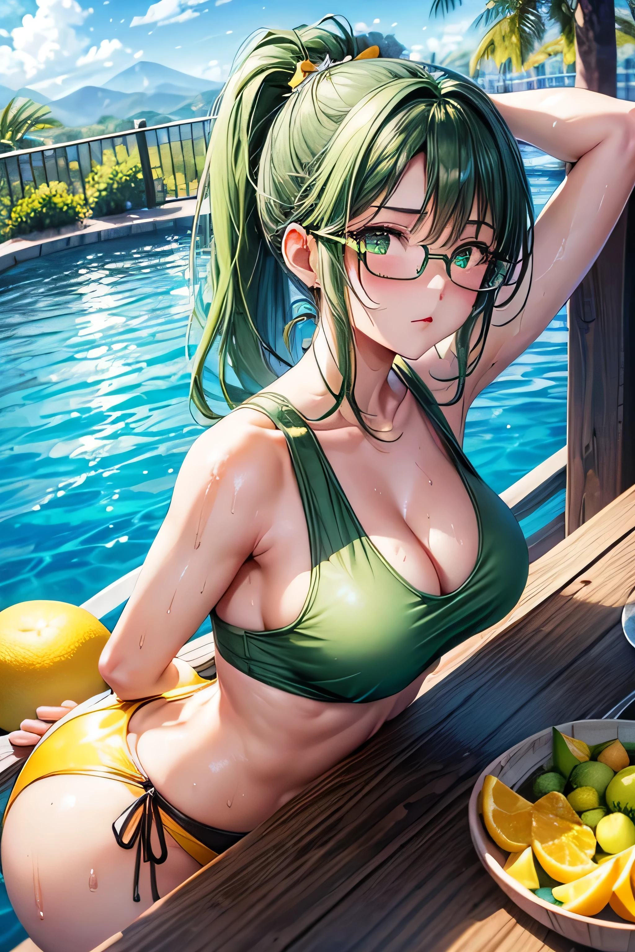 High resolution, high quality, One Girl, Anime Girls, Dark green hair,Mid-length hair,ponytail,Green Eyes, Green glasses,Heart-shaped pupils,Glowing Skin, Large Breasts,Beautiful breasts,Pointed Chest,Big Ass,Beautiful ass,Embarrassing,Tank top,water着,Lower Body,Sweat,Wet,squat,(Leg spread),Put your arms behind your head,By the pool,(Kiwi juice),(lemon juice),(orange juice),(Pineapple Juice),(Mango juice),(water),