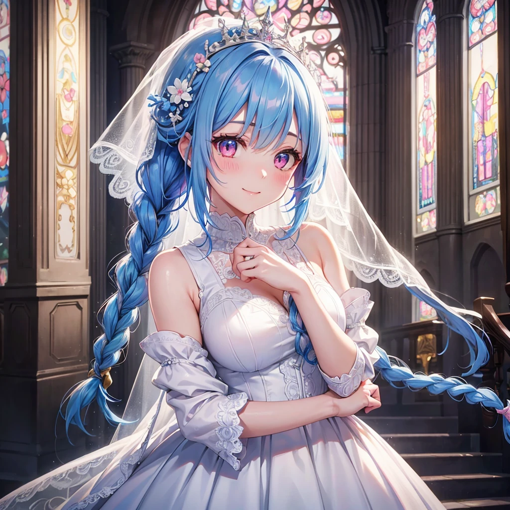 Sky Blue Medium Hair, (Braided Hair),(Pink Eyes),Fair skin ,(whole body),(1 girl),bride,smile、Straight bangs, 6月のbride,Wedding dress,(masterpiece, Highest quality, Very detailed, Best Shadow), (Detailed Background), (Beautifully detailed face), High Contrast, (Best lighting, Very delicate and beautiful), ((Cinematic Light)), colorful, Hyper Detail, Dramatic Light, Intricate details,Wedding hall,