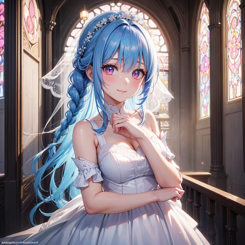 Sky Blue Medium Hair, (Braided Hair),(Pink Eyes),Fair skin ,(whole body),(1 girl),bride,smile、Straight bangs, 6月のbride,Wedding dress,(masterpiece, Highest quality, Very detailed, Best Shadow), (Detailed Background), (Beautifully detailed face), High Contrast, (Best lighting, Very delicate and beautiful), ((Cinematic Light)), colorful, Hyper Detail, Dramatic Light, Intricate details,Wedding hall,