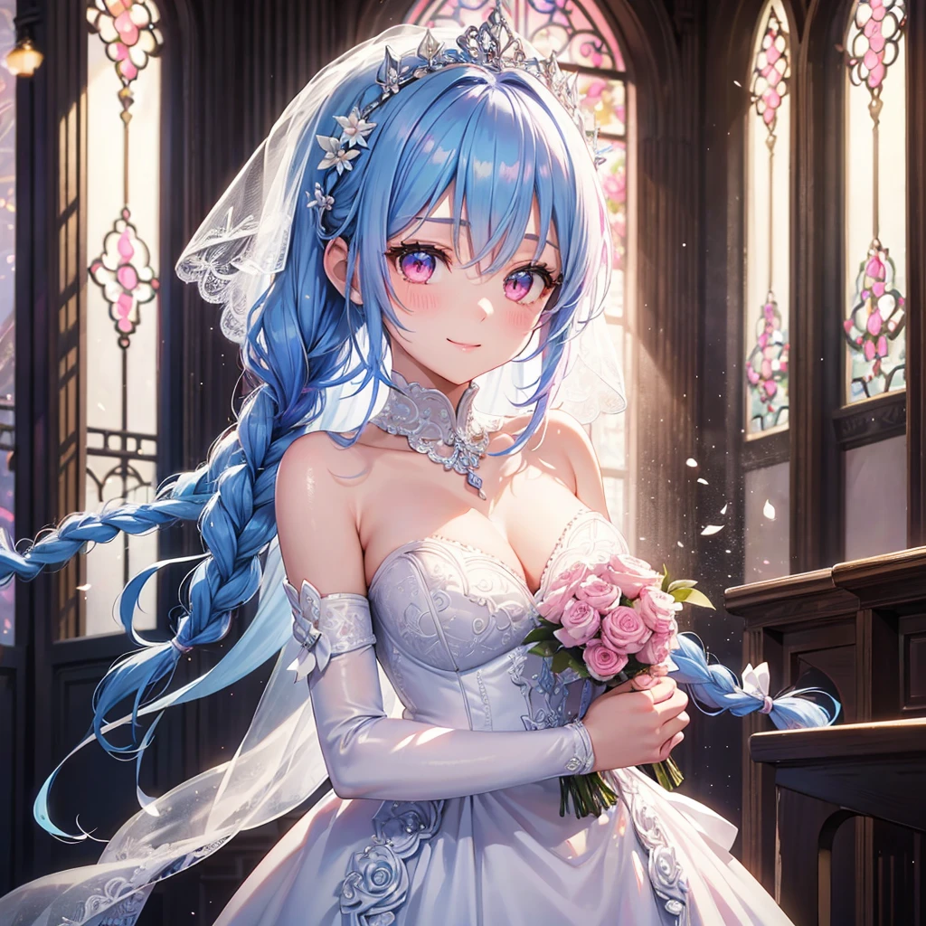 Sky Blue Medium Hair, (Braided Hair),(Pink Eyes),Fair skin ,(whole body),(1 girl),bride,smile、Straight bangs, 6月のbride,Wedding dress,(masterpiece, Highest quality, Very detailed, Best Shadow), (Detailed Background), (Beautifully detailed face), High Contrast, (Best lighting, Very delicate and beautiful), ((Cinematic Light)), colorful, Hyper Detail, Dramatic Light, Intricate details,Wedding hall,
