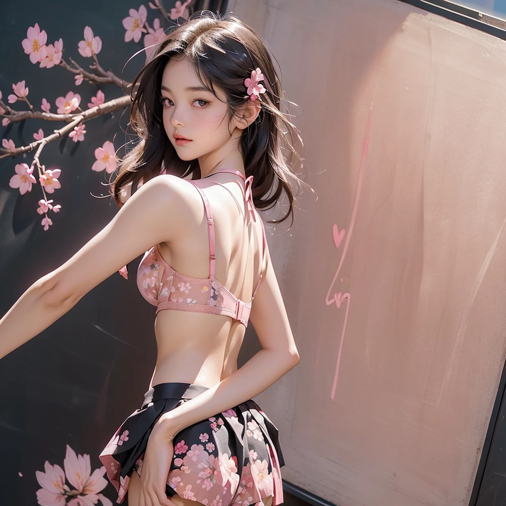 (One girl), Brown eyes, (expensively detailed eyes, expensively detailed face), (Surreal, expensivet resolution), (Highest quality:1.4), (expensive , Pleated mini skirt:1.2), model, Fascinating, Majestic, indoor, School, classroom, sunset, alone, (Heart shape written in chalk on a blackboard:1.3), Tears welled up in her eyes, (cherry blossoms, 踊るcherry blossoms),
((((Pink floral and bra are visible))))
((((Angle from behind))))
((((Emphasize cleavag