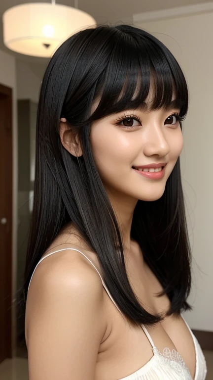 uma de uma mulher ela tem cabelo preto with bangs, Hime black haircut, ulzzang, korean, with short hair with bangs, with short hair, dilraba dilmurat, garota gótica korean cruel, white hime cut hairstyle, hair styled like bangs, with bangs, korean symmetrical ,,,,,,,,,,,, She smiles with a dimpled smile and a touch of white teeth.. The image is captured in high quality, with sharp focus and volumetric lighting that accentuates your features. The detailed, realistic skin texture resembles a masterpiece, as if it were taken with a DSLR in soft lighting. She wears light lipstick. The atmosphere is sensual and captivating, as if telling the story of a confident and attractive woman. ,generous neckline.
