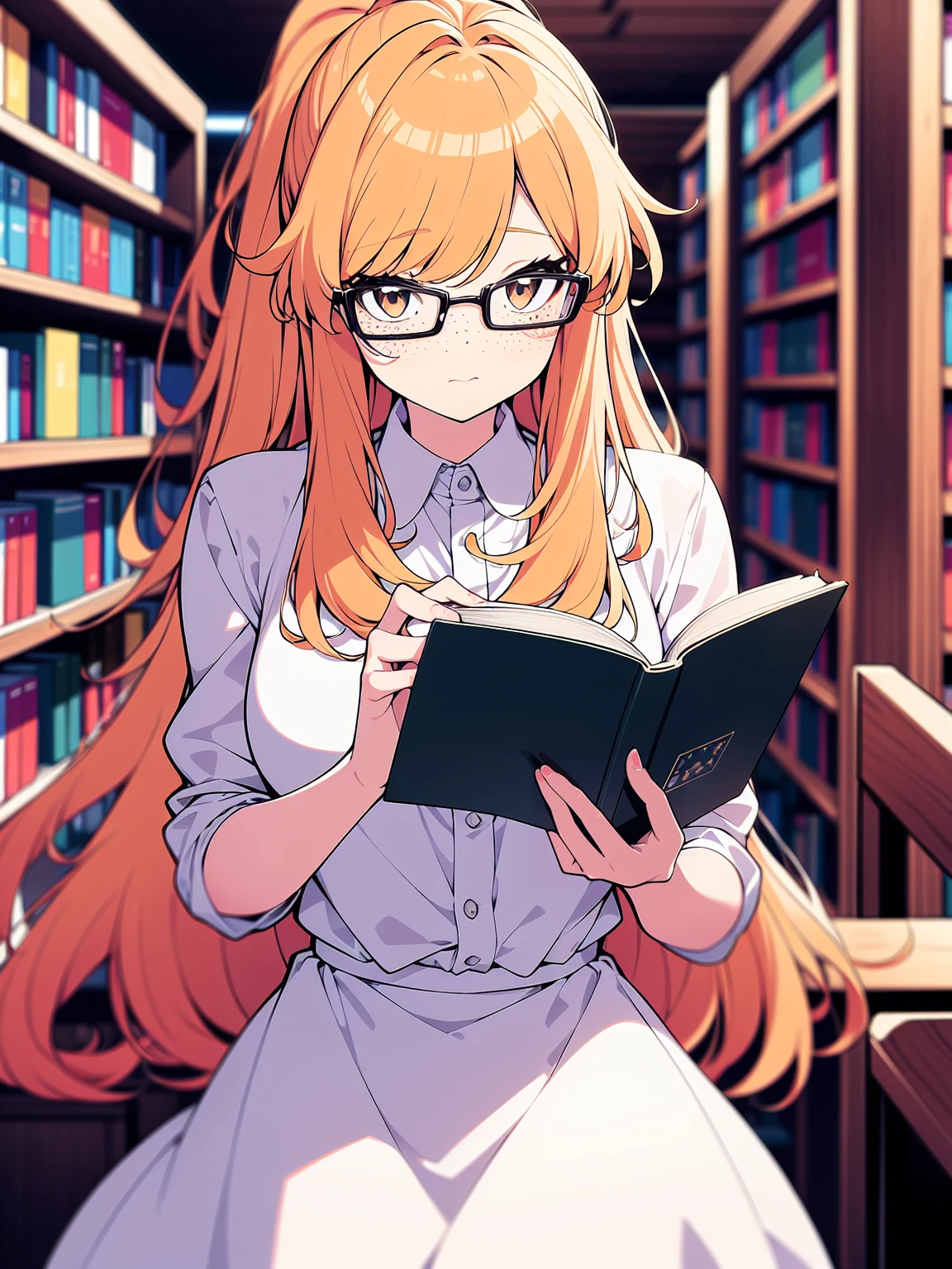 cowboy shot, colorful, (best quality, ultra-high resolution, depth of field:1.2), 1woman, light orange hair, straight hair, ponytail, hazel eyes, freckles, slender build, white dress, glasses, (library background), focused and serene, sitting, reading a book