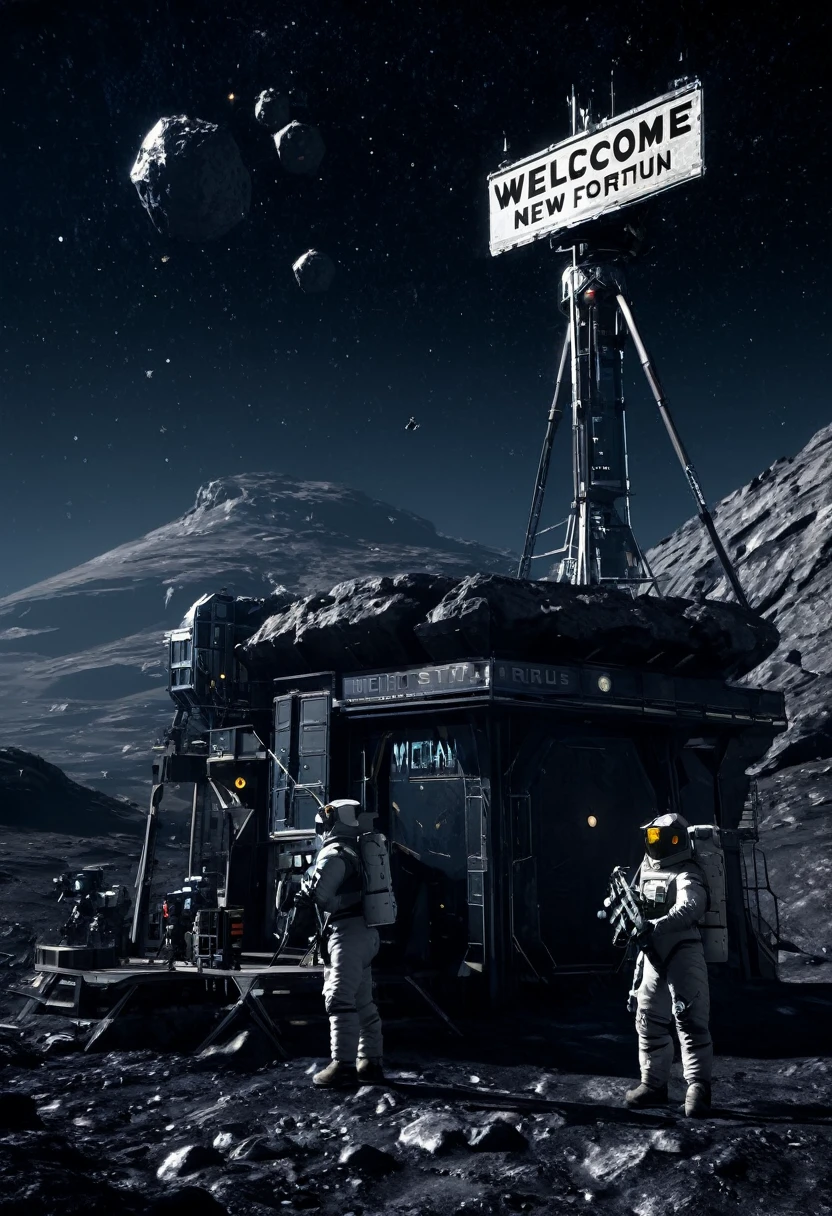 A rugged asteroid mining outpost bathed in the harsh light of distant stars. Miners in bulky suits operate drills and lasers, extracting precious resources. A weathered sign reads "Welcome to New Fortuna."