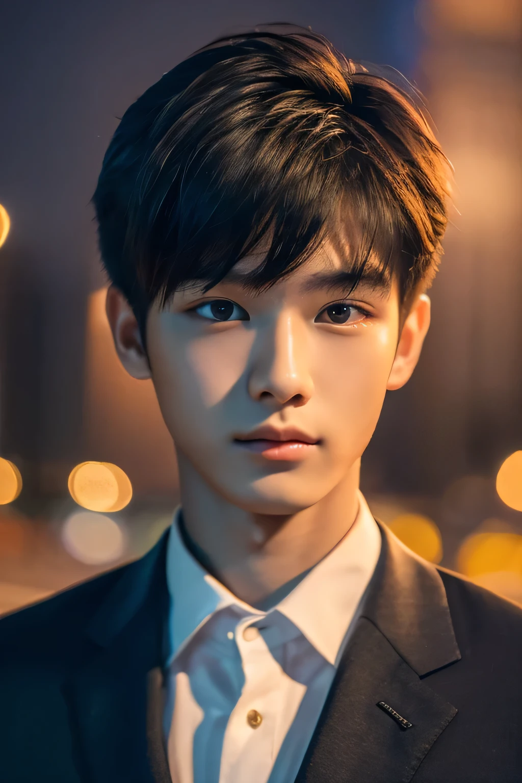 Highest quality, masterpiece, Ultra-high resolution, (Realistic: 1.4), Original photo, wallpaper, Head Photo, skin, Simple Background, Iris, detailed, Selfie, 1 boy, 18-year-old, good looking, Wind,suit、night