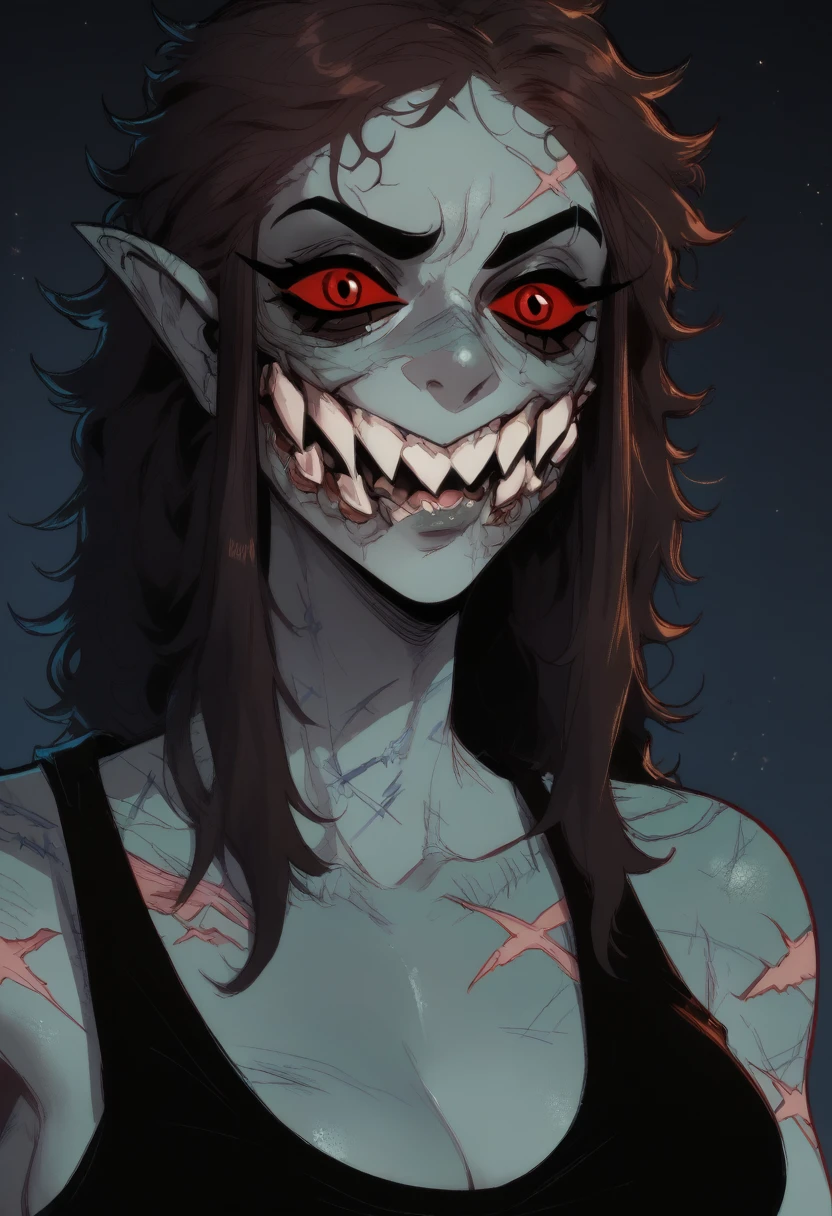 Anime zombie undead girl, slitched face, scars an face, black sclera, shark teeth, glowing eyes, smug face, vile, pale green-ish decayed skin, black tank top, eletric colar