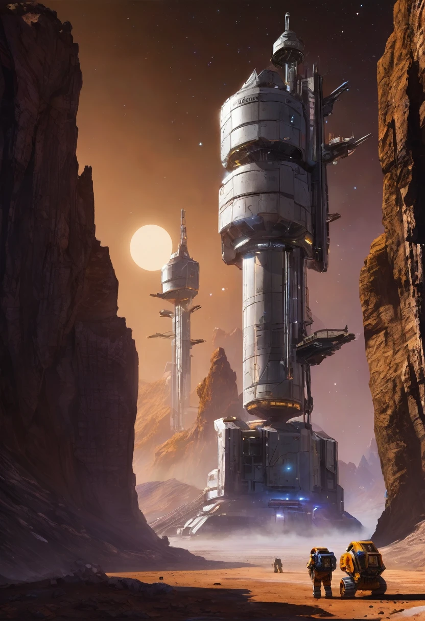 A rugged asteroid mining outpost bathed in the harsh light of distant stars. Miners in bulky suits operate drills and lasers, extracting precious resources. A weathered sign reads "Welcome to New Fortuna."