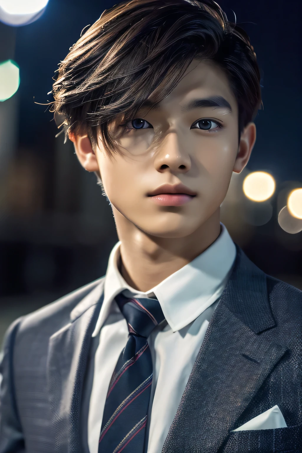 Highest quality, masterpiece, Ultra-high resolution, (Realistic: 1.4), Original photo, wallpaper, Head Photo, skin, Simple Background, Iris, detailed, Selfie, 1 boy, 18-year-old, good looking, Wind,suit、night