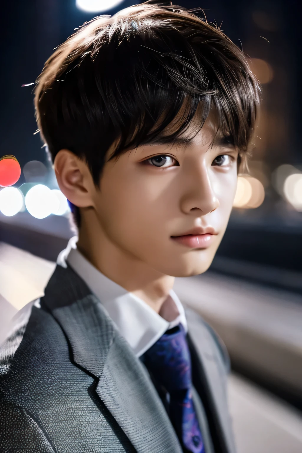 Highest quality, masterpiece, Ultra-high resolution, (Realistic: 1.4), Original photo, wallpaper, Head Photo, skin, Simple Background, Iris, detailed, Selfie, 1 boy, 18-year-old, good looking, Wind,suit、night