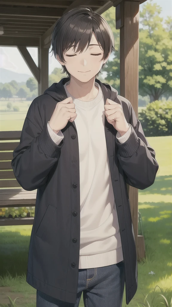 outdoors, closed eyes,mature male,  happy, '', nijimale