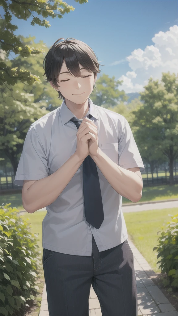 outdoors, closed eyes,mature male,  happy, '', nijimale