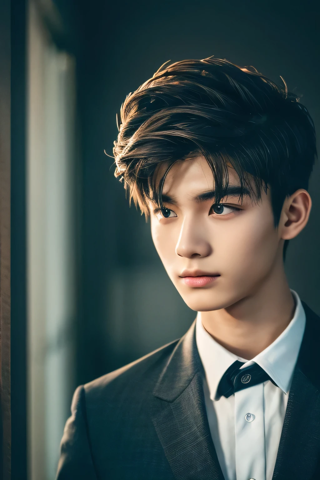 Highest quality, masterpiece, Ultra-high resolution, (Realistic: 1.4), Original photo, wallpaper, Head Photo, skin, Simple Background, Iris, detailed, Selfie, 1 boy, 18-year-old, good looking, Wind,suit、night