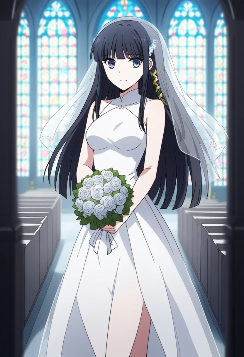 score_9, score_8_up, score_7_up, source_anime, miyukishiba, miyuki shiba, long hair, blue eyes, black hair, hair ornament, ribbon, hair ribbon, snowflake hair ornament, bangs, blunt bangs, holding, bare_shoulders, medium_breasts, blue_hair, standing, flower, :d, sleeveless, outdoors, white_dress, high_heels, see-through, white_footwear, veil, blue_theme, bouquet, wedding_dress, bridal_veil, holding_bouquet,church entrance, flower bouquet, stair, victoria church,(cowboy shot:1.5), BREAK (masterpiece:1.2), best quality, high resolution, unity 8k wallpaper, (illustration:0.8), (beautiful detailed eyes:1.6), extremely detailed face, perfect lighting, extremely detailed CG, (perfect hands, perfect anatomy),dynamic pose, smile