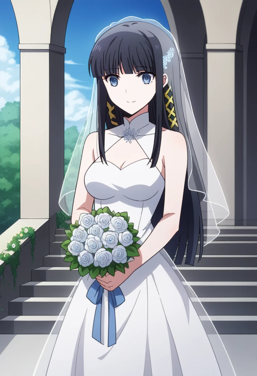 score_9, score_8_up, score_7_up, source_anime, miyukishiba, miyuki shiba, long hair, blue eyes, black hair, hair ornament, ribbon, hair ribbon, snowflake hair ornament, bangs, blunt bangs, holding, bare_shoulders, medium_breasts, blue_hair, standing, flower, :d, sleeveless, outdoors, white_dress, high_heels, see-through, white_footwear, veil, blue_theme, bouquet, wedding_dress, bridal_veil, holding_bouquet,church entrance, flower bouquet, stair, victoria church,(cowboy shot:1.5), BREAK (masterpiece:1.2), best quality, high resolution, unity 8k wallpaper, (illustration:0.8), (beautiful detailed eyes:1.6), extremely detailed face, perfect lighting, extremely detailed CG, (perfect hands, perfect anatomy),dynamic pose, smile