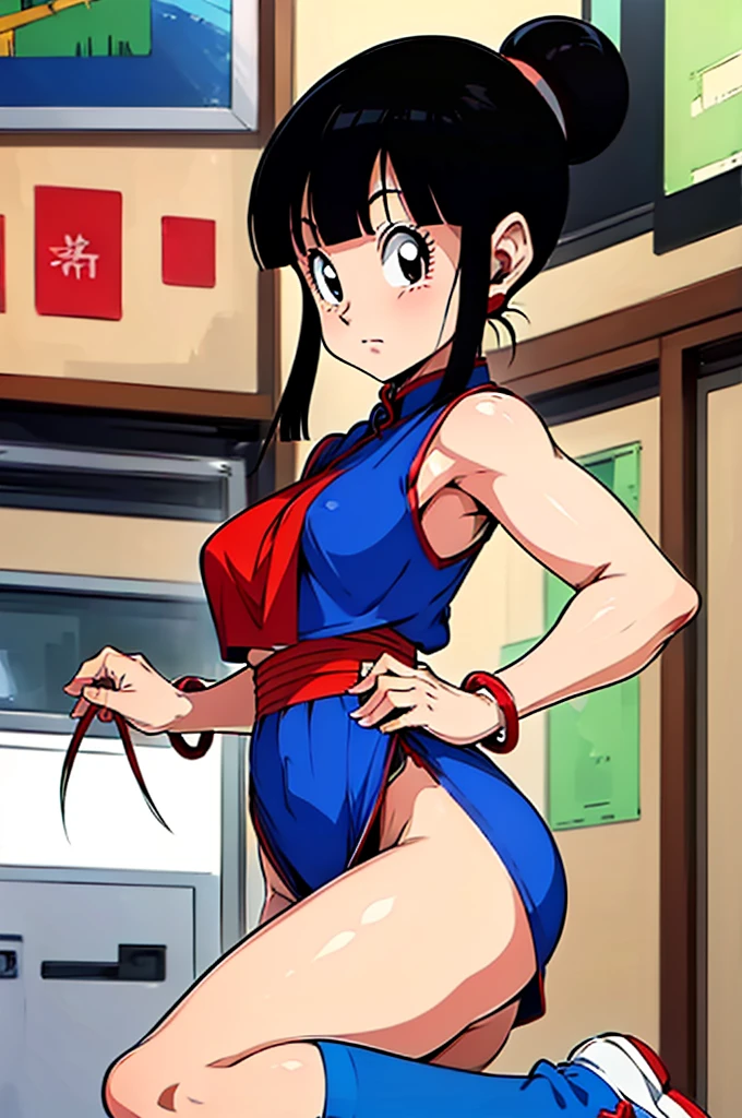 Chichi, very white skin with black eyes and hair, Has a Hime Hairstyle (Bangs and two long strands in front), wears a blue cheongsam with red pants, bracelet and shoes, In addition to having white tabi socks and a red sash. In this appearance she also wore the hime hairstyle, only part of her hair is tied up in a ponytail., hourglass body shape, big legs, small waist, big ass
