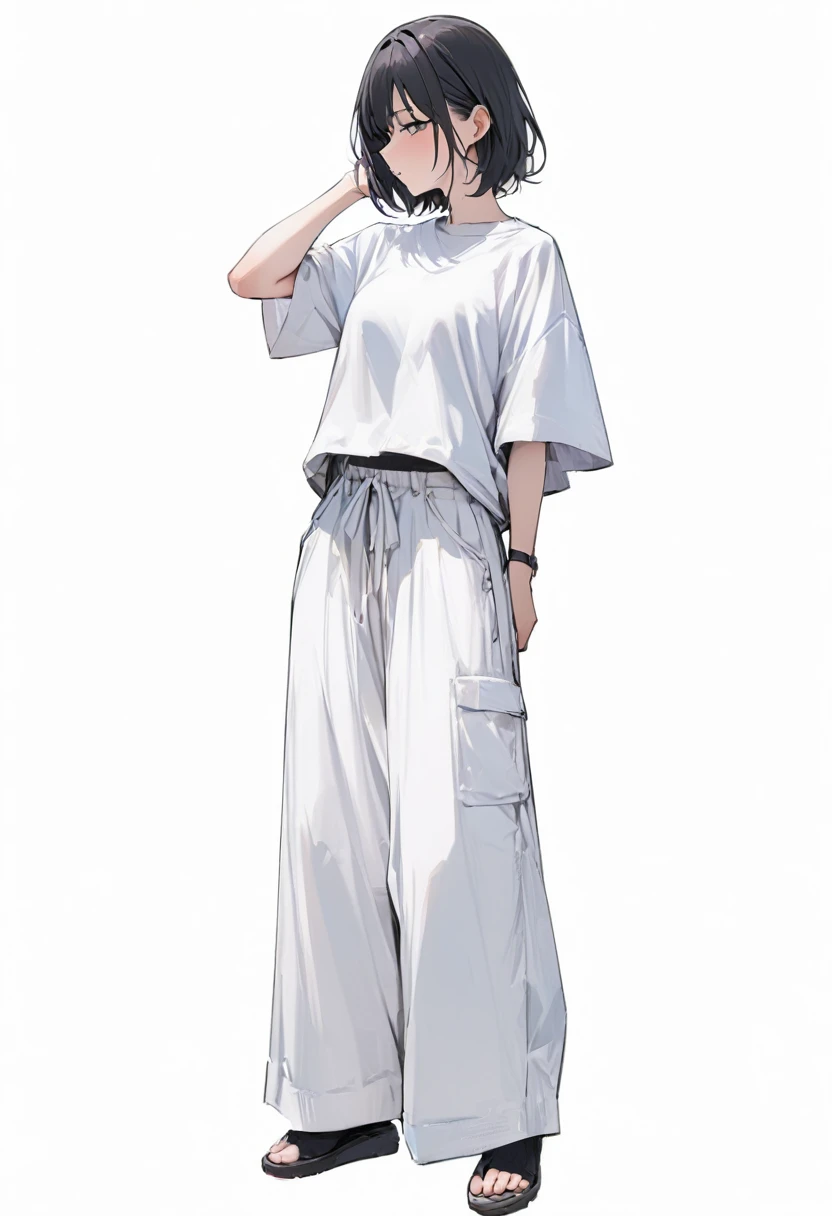 (masterpiece, Highest quality:1.2), girl, Centered、Standing posture、alone, Loose-fitting short-sleeved T-shirt, Relaxed wide pants , whole body, Simple Background, White background,