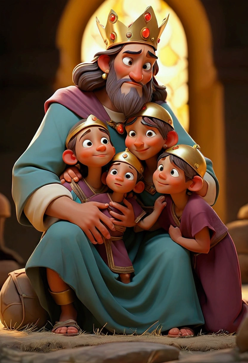 Job, in the bible now afflicted with painful sores is hugging his his children happily wearing a nice kingly clothes